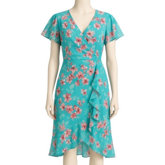 Adrianna Papell Floral Flutter Sleeve Wrap Dress Size 2 Aqua Pink Ruffle Hem - Picture 2 of 10